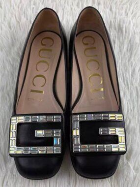 Gucci Black Leather Crystal Square Buckle Ballet Flats